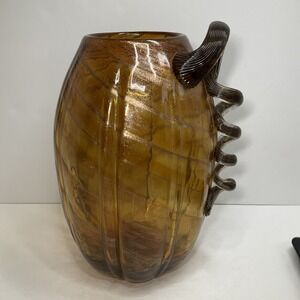 Vintage Tall Pier One Amber & gold swirl glass pumpkin vase with long curly stem